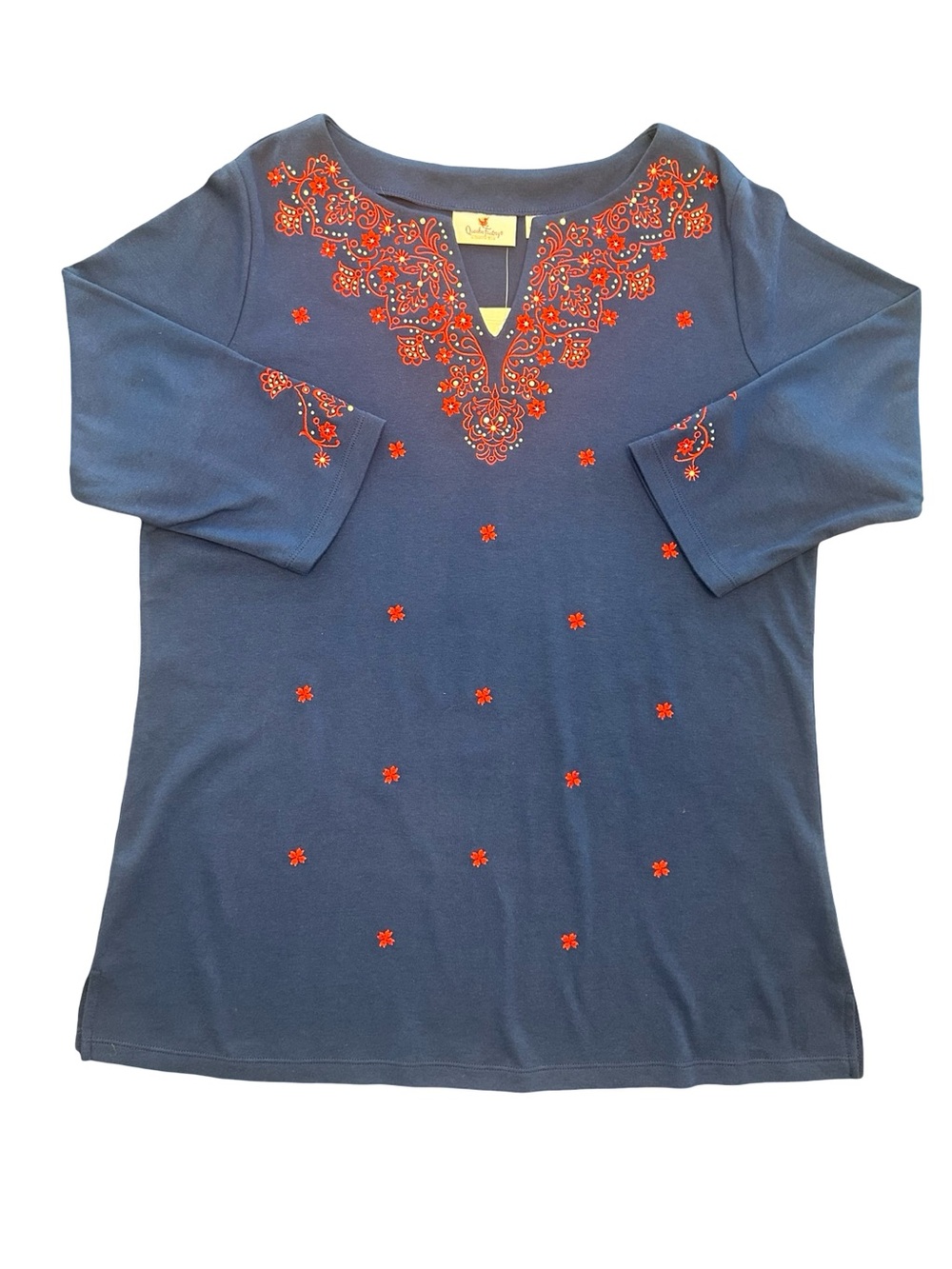Quacker Factory split-neck 3/4 sleeve embroidered subtle bling tunic NWT M
L